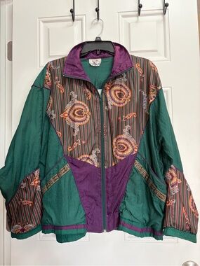VTG Laura Katherine Women's Paisley-Panel Windbreaker Jacket in Teal & Purple